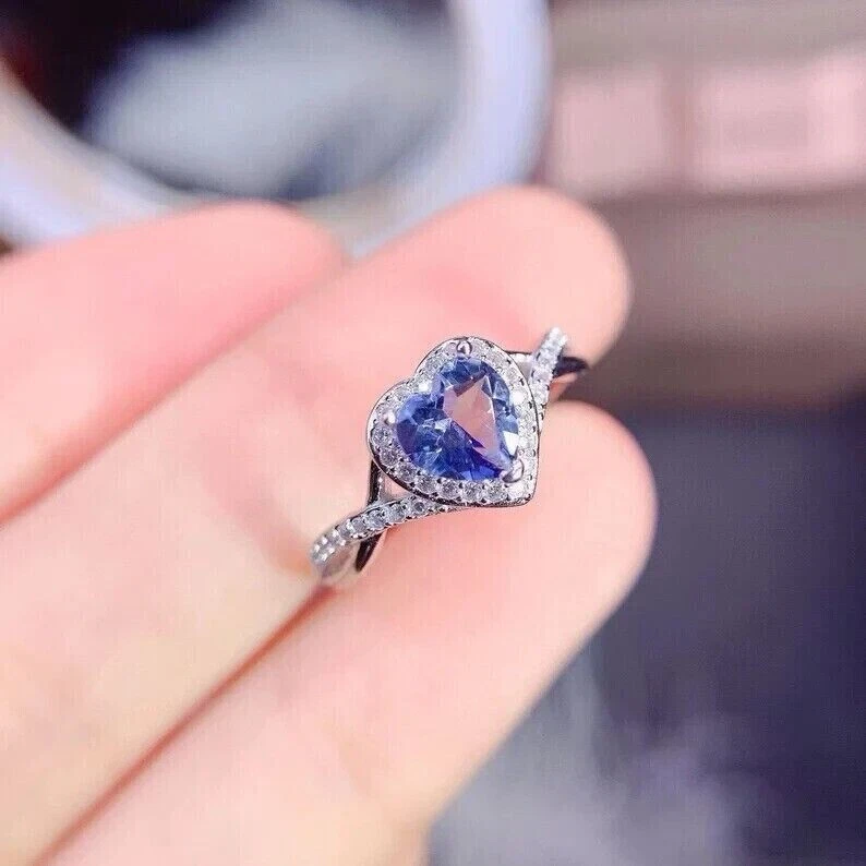 Heart Cut Simulated Blue Tanzanite Halo Engagement Ring In 14k White Gold Plated - Image 1 of 4