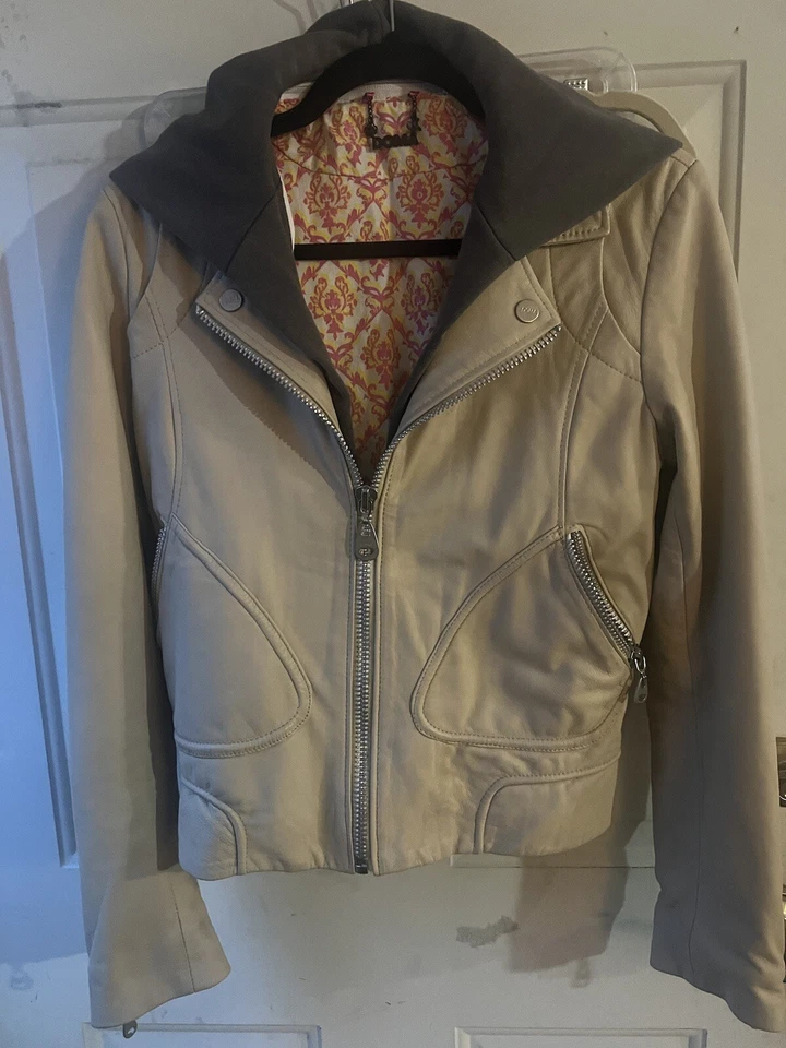 Y2K Doma Women's Leather Jacket Detachable Gray Hood Sz L Runs Smaller Side - Image 1 of 4