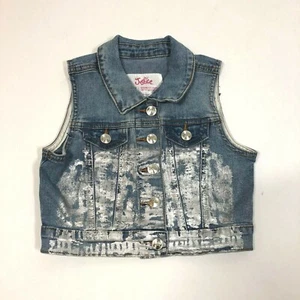 Justice Tween Girl's Silver Glitter Paint Accent Denim Moto Jean Vest Size 6/7 - Picture 1 of 6
