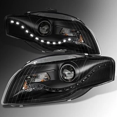 For 2006-2008 Audi A4 DRL LED Projector Halogen Type Black Headlights Left+Right - Image 1 of 4