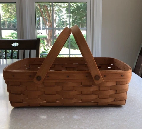 Longaberger 1993 Gathering Basket with Double Swing Wooden Handles 14 x 9 x 4.5 Cover