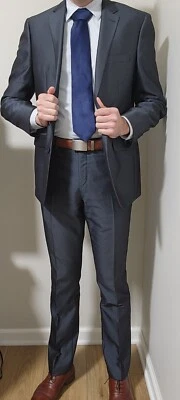 Apt 9 Super Slim Fit Two Piece Steel Blue Herringbone Pattern Suit 40R 29x32 - Image 1 of 4