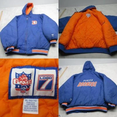 Vintage Denver Broncos Jacket Mens XL Logo 7 NFL Blue Full Zip Hooded Puffer - Image 1 of 4