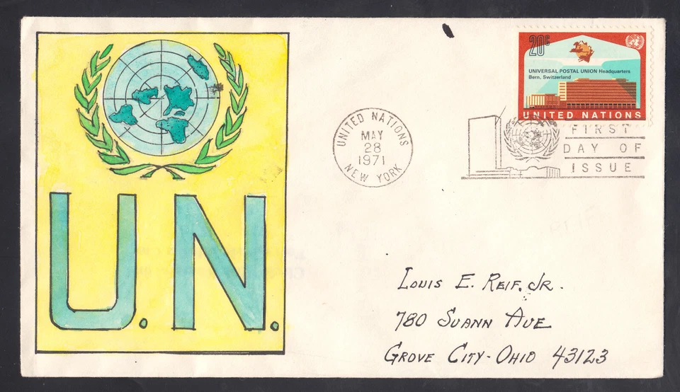 UN NY Stamp #219 10c UPU HQ on Herman Maul Handpainted First Day Cover VF - Image 1 of 1
