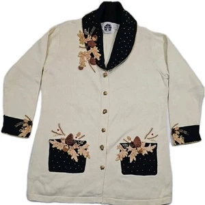Storybook Knits Cardigan Sweater Women's 1X Winter Pine & Holly Embroidered EUC - Picture 1 of 11