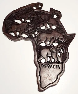 Wooden Africa Continent Big 5 Leopard Lion Buffalo Rhino Elephant Art Plaque Vtg - Picture 1 of 18