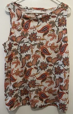 J.Jill любовь 100% льняной пейсли без рукавов оранжевый белый цветочный блузка Майка L - Изображение 1 из 4