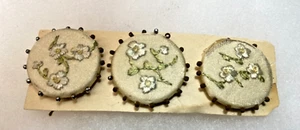 3 Antique Victorian Buttons Embroidered Flower with Beads 1" - Picture 1 of 2