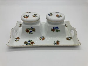 Antique Victoria Porcelain Double Inkwell Penholder Desk Set Floral Vintage - Picture 1 of 14