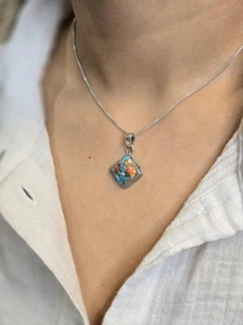 Copper Turquoise Pendant Silver plated Copper Turquoise Gemstone Pendant - Picture 1 of 5