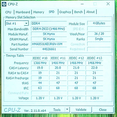 HMA851U6DJR6N-WM Hynix 4GB PC4-23400 DDR4-2933MHz 1RX16 UDIMM 1.2V non-ECC RAM - Image 1 of 3