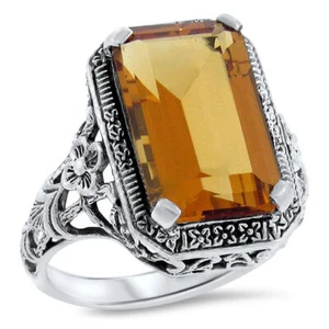 CLASSIC DESIGN 925 SILVER ART DECO STYLE 6 Ct LAB-CREATED CITRINE RING 520Z - Picture 1 of 3