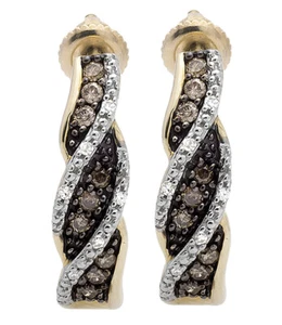 10K Yellow Gold 5MM Swirl Cognac Brown and White Diamond Earrings 0.21ct. - Picture 1 of 5