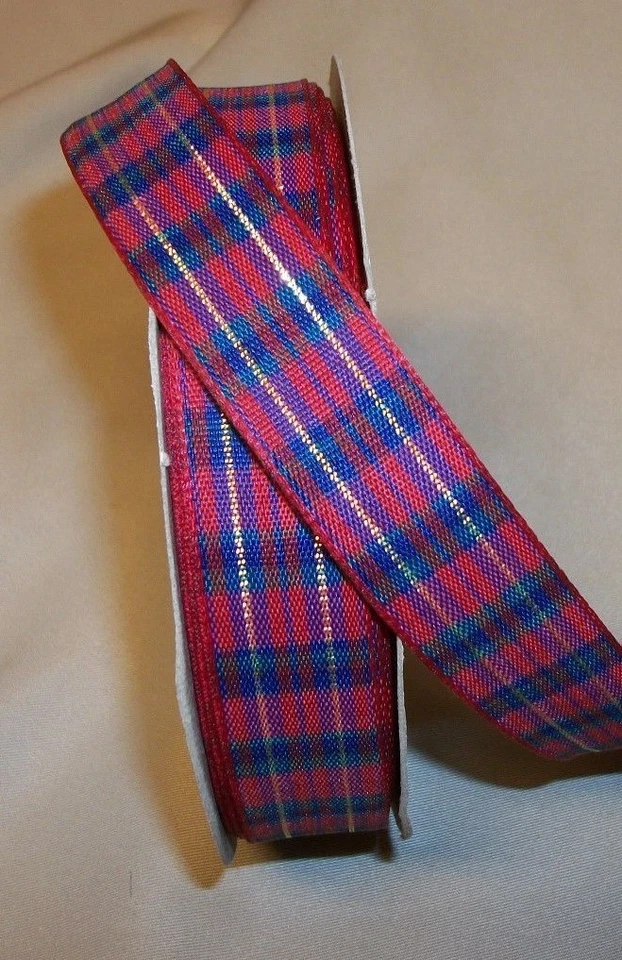5 Yds. RED & ROYAL BLUE with GOLD TARTAN PLAID FABRIC RIBBON   7/8" wide - Image 1 of 1