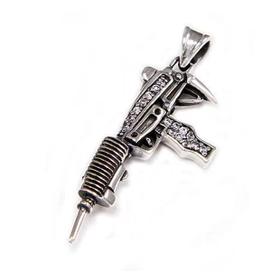 SUB MACHINE GUN CZ ICED 925 STERLING SILVER BIKER GOTHIC CHARM PENDANT won-085 - Picture 1 of 6