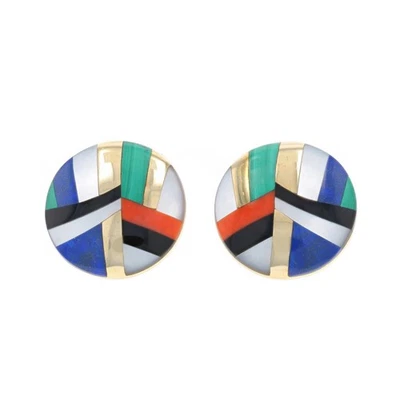 Asch Grossbardt MOP Coral Onyx Malachite Lapis Earrings Yellow Gold 14k Clip-Ons - Image 1 of 4