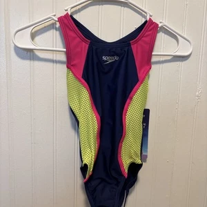 Speedo Girl's Youth One Piece Swimsuit Size S 7/8 Blue with Pink & Yellow NEW - Picture 1 of 4