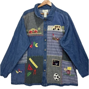 The Quacker Factory Button Up Denim School Teacher Theme Patchwork Size 1X - Picture 1 of 10