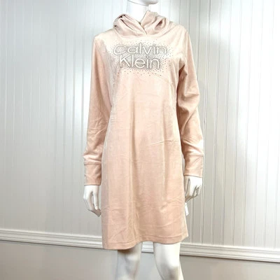 Calvin Klein Women Sz L Hoodie Velvet Dress Pink Long Sleeve Knee Length Causal  - Image 1 of 4
