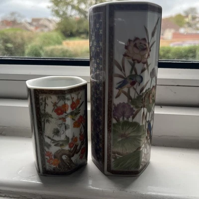 Pair of Porcelain Bud Vases Hand Decorated Chinese Style - Image 1 of 4