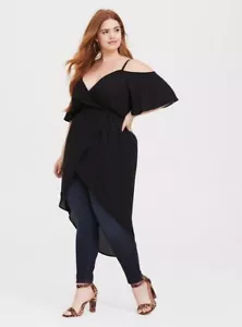 Top georgette spalle fredde Torrid Hi-Lo vita impero taglie forti 2 2X nero ricco - Foto 1 di 9