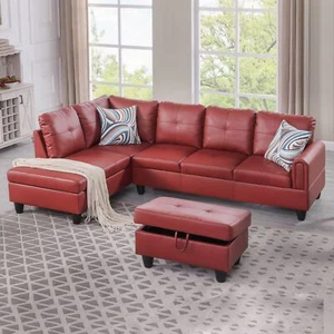 Sectional Sofa Corner Sofa L Shaped Couch Faux Leather Sofa Couch With Ottoman - Picture 1 of 18