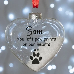 Personalised Pet Loss Memorial Glass Heart Christmas Tree Bauble Ornament - Afbeelding 1 van 3