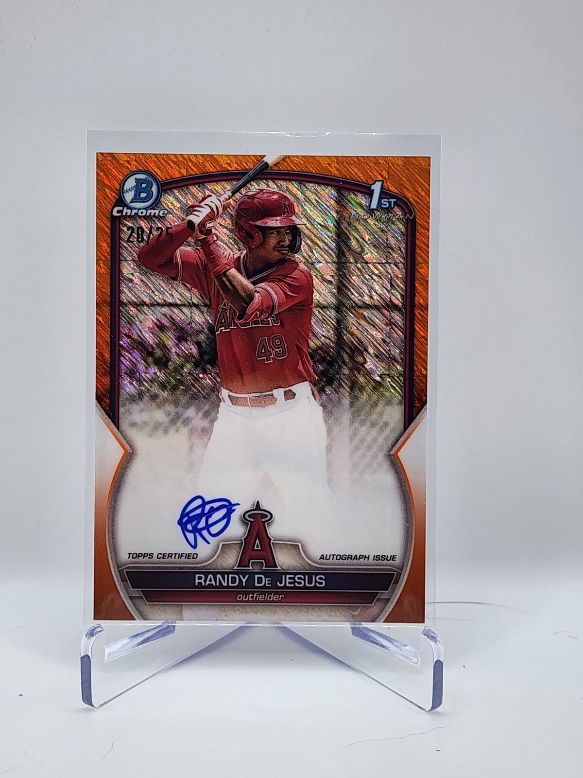 2023 Bowman Chrome Randy De Jesus 1st Angels Orange Shimmer Refractor Auto /25