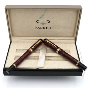 PARKER DUOFOLD CENTENNIAL Burgundy Marble Fountain Pen & Roller Ball Set 18K M - Picture 1 of 12