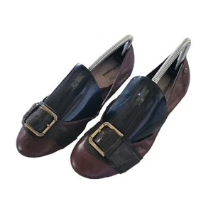 Hush Puppies Womens Two Tone Brown Leather Flat Ballet Shoes Brass Buckle Sz 10 - Picture 1 of 10
