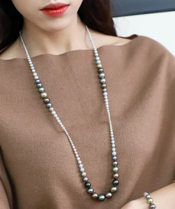 longer 38" 5-11mm tahitian white black multicolor round pearl necklace - Picture 1 of 2