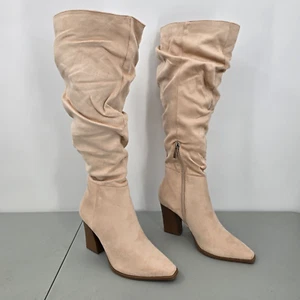 Slouchy Suede Knee High Pull On Boots Women 5 Light Khaki Almond Toe Chunky Heel - Picture 1 of 13