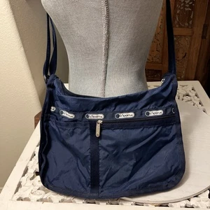 Vintage LESPORTSAC Everyday Bag Navy Blue Double Sided Logo Stripe Pockets 80s - Picture 1 of 7