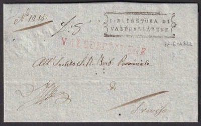 ITALY 1822 Stampless Cover with red straight line VALDOBBIADENE to Treviso - Image 1 of 2