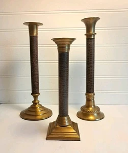 Mid-Century Brass Candlestick Holders Set 3 Different Designs Faux Alligator 10" - Picture 1 of 19