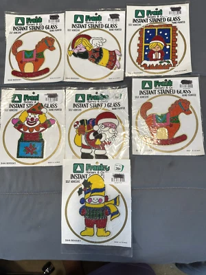 7 Vintage Instant Stained Glass Self Adhesive, Hand Painted Decals Santa+more - Image 1 of 4
