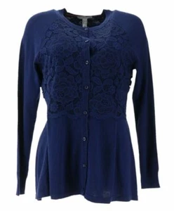 Cárdigan Isaac Mizrahi Largo Slv Cuello Redondo Encaje Peplum Royal Navy NUEVO A296762 S - Imagen 1 de 7