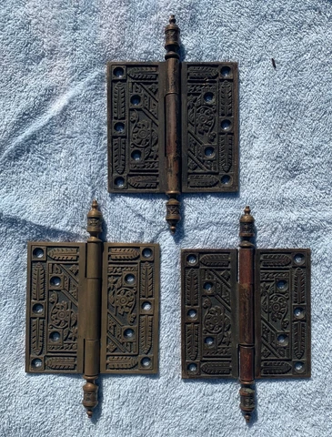 Lot of 3 Antique Victorian Ornate Brass Bronze Large Door Hinges 4 1/2" x 4 1/2" Cover