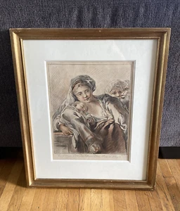 SELTENER GERAHMTER VINTAGE/ANTIKER FRANCOIS BOUCHER MUTTER & SOHN FARBDRUCK - Bild 1 von 15