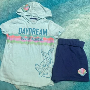 Disney Ariel Mermaid Girls 2pc Hooded Shirt & Shorts Outfit Size 8 - Picture 1 of 7