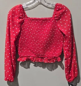 Art Class Girls XXL 16/18 Red & White Polka Dot Smocked Sheer Sleeve Chiffon Top - Picture 1 of 7