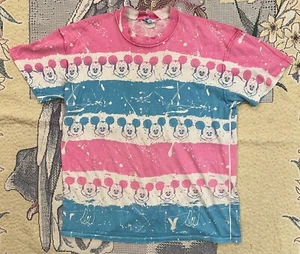 VTG 80s 90s DISNEY Mickey Mouse AOP Face Pink Blue Striped Tee T-Shirt XL - Picture 1 of 8