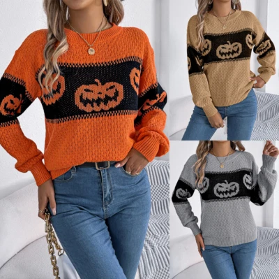 Women's Halloween Pumpkin Knit Sweater Cozy Long Sleeve Pullover Top Sweater HOT - Bild 1 von 4