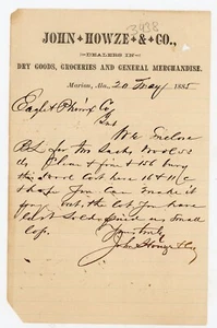 1885 John Howze & Co. Brief Marion Alabama – Großhandelsbestellung für Stiefel - Bild 1 von 2