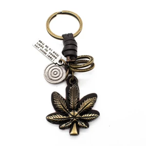 Bronze Marihuana Topf Blatt Gras Anhänger Schlüsselanhänger Schlüsselanhängsel Ring mit Lederrücken - Bild 1 von 7