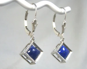 LAPIS LAZULI - Enchanting Blue Square .925 Sterling Dangle Earrings 2.06 ctw  - Picture 1 of 6