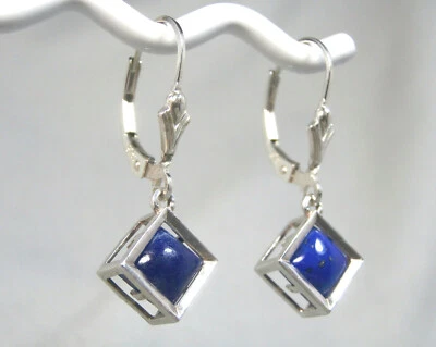 LAPIS LAZULI - Enchanting Blue Square .925 Sterling Dangle Earrings 2.06 ctw  - Image 1 of 4