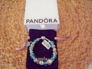 PANDORA FUNKELNDES HERZ STERLINGSILBER ARMBAND EUROPÄISCHER CHARM 7,9" AQUA - Bild 1 von 5