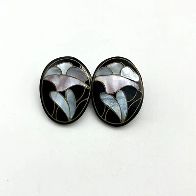 Vintage Lee Sands Mother of Pearl Inlay Earrings Black Oval Statement Clip On - Image 1 of 3
