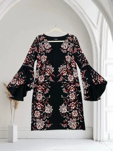 Roz & Ali Floral Bell Sleeve Sheath Dress Size Medium V Neck Fall Holiday Chic - Picture 1 of 18
